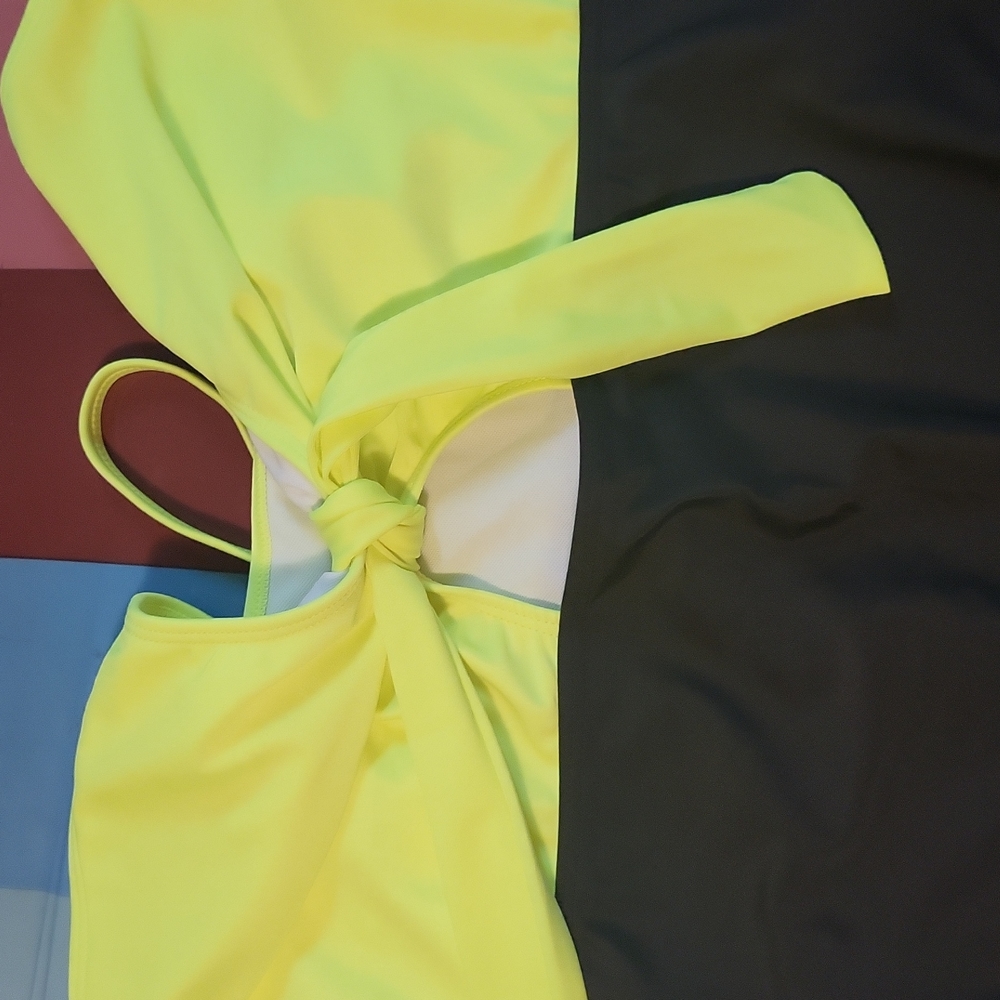 Neon Yellow and Black One Piece Swimsuit Size 12 - Picture 5 of 6